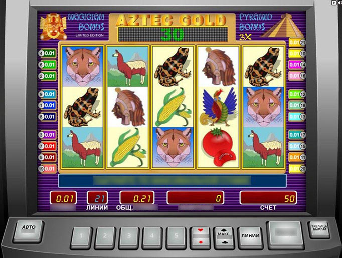 Игровое поле Aztec Gold с 5 барабанами и 21 линией выплат
