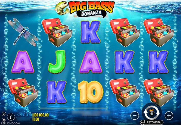 Игровое поле слота Big Bass Bonanza — расширяющаяся сетка барабанов с символами рыбалки