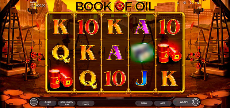 Игровое поле слота Book of Oil — расширяющаяся сетка барабанов с символами нефтедобычи