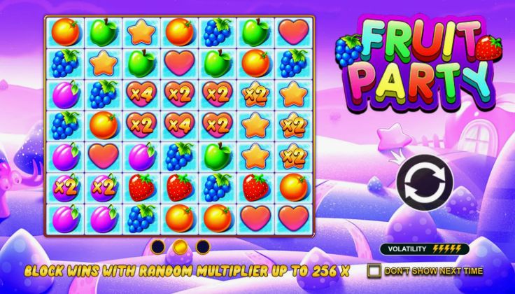 Поле Fruit Party от Pragmatic Play 7×7 с фруктовыми кластерами и множителями на выигрышных символах