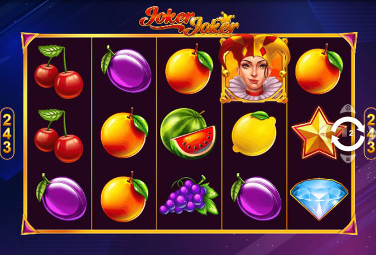 Joker Joker: 5 барабанов, символы фруктов и Джокера на фоне космического пейзажа