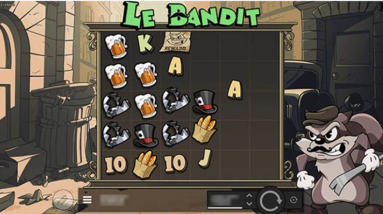 Игровое поле Le Bandit от Hacksaw Gaming с енотом Смоки, сеткой 6 на 5, каскадами и золотыми клетками