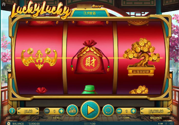 Интерфейс слота Lucky Lucky с пятью барабанами и символами азиатской тематики