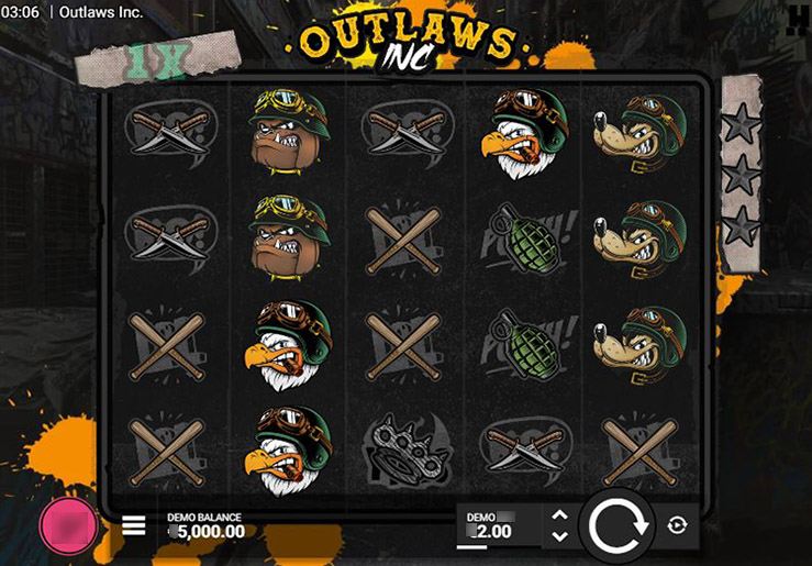 Символы слота Outlaws Inc: байкеры, псы, контейнеры и уличные значки на барабанах