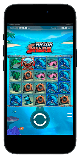 Игровое поле Razor Shark: подводный фон, 5 барабанов по 4 ряда и индикатор 20 линий выплат
