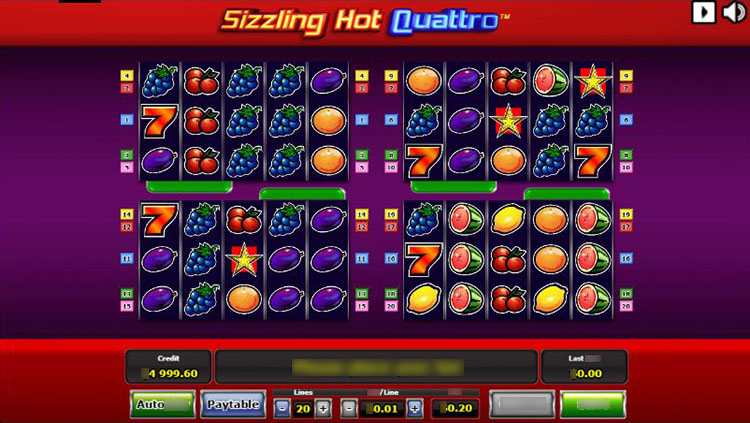 Четыре игровых поля Sizzling Hot Quattro с примером выигрышных линий