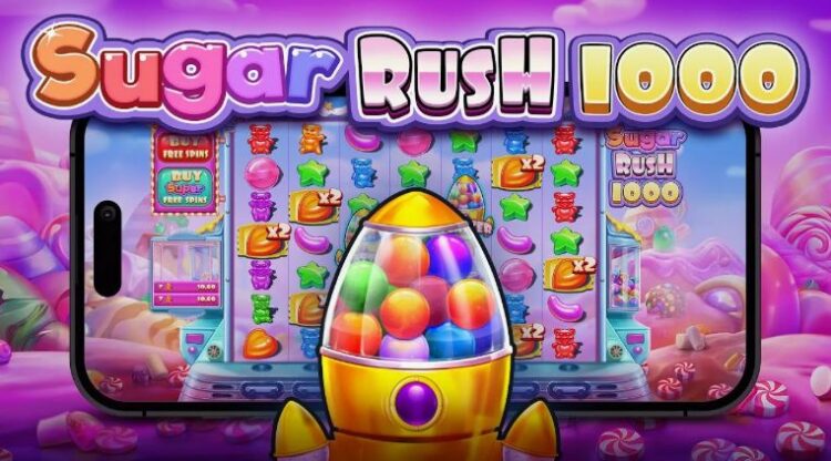 Поле Sugar Rush 1000 от Pragmatic Play 7×7 с кластером конфет, Tumble и отмеченными Multiplier Spots