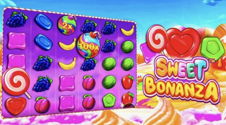 Яркая заставка Sweet Bonanza с конфетами и фруктами